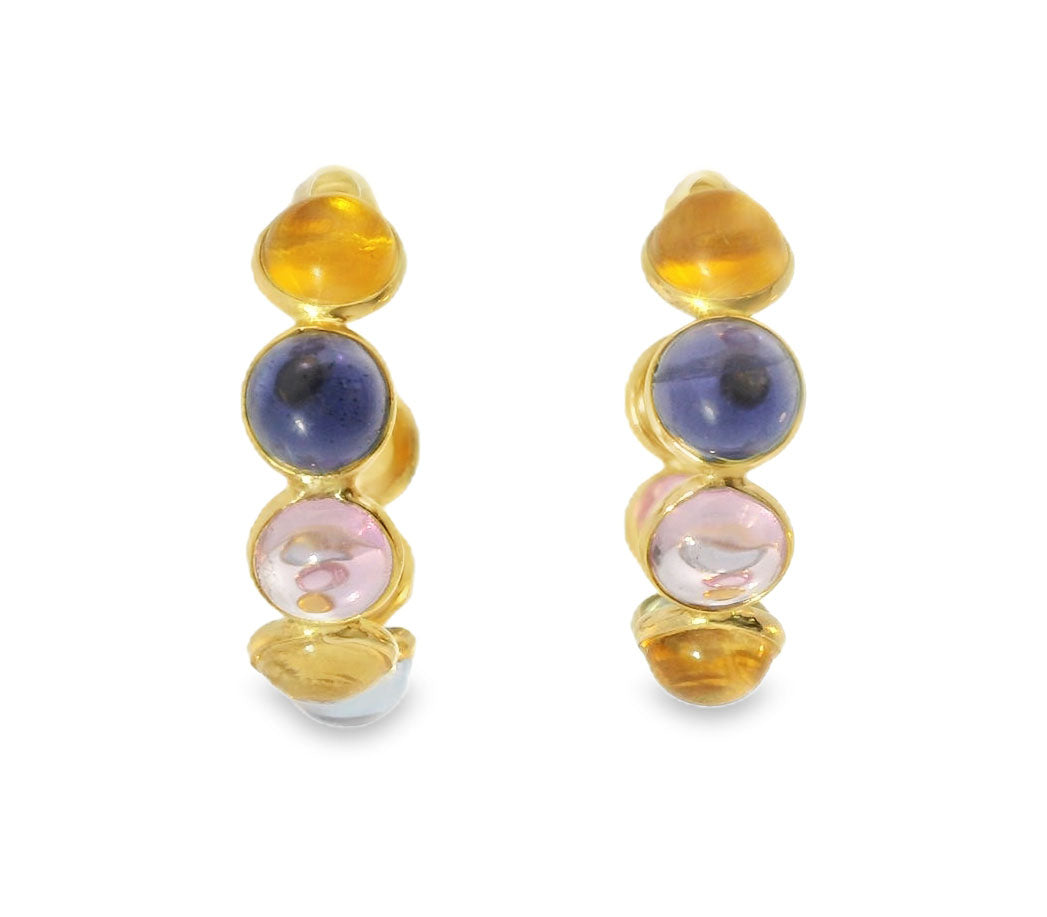 Fabulous 18K Gold Cabochon Citrine Rose Quartz Blue Topaz Hoop Earrings Hoops