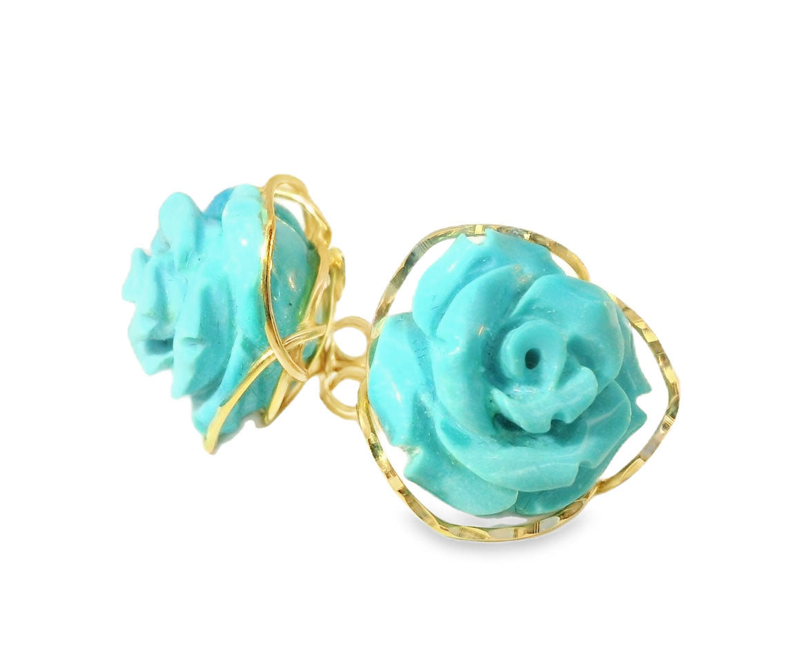 Gorgeous 18K Yellow Gold Turquoise Floral Flower Carved Earrings