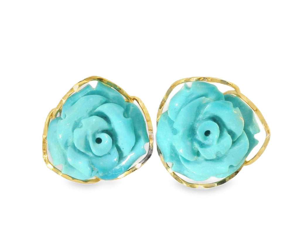 Gorgeous 18K Yellow Gold Turquoise Floral Flower Carved Earrings