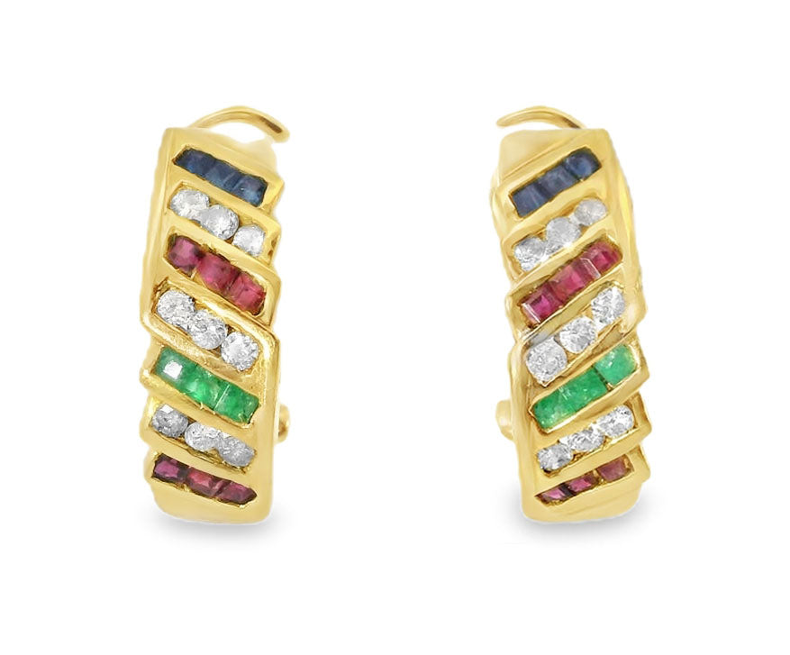 Rare 14K Pink Rose Gold Diamond Emerald Sapphire Ruby Earrings