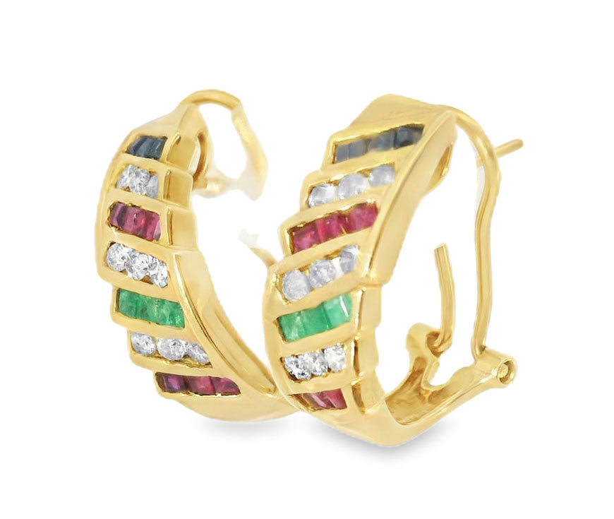 Rare 14K Pink Rose Gold Diamond Emerald Sapphire Ruby Earrings