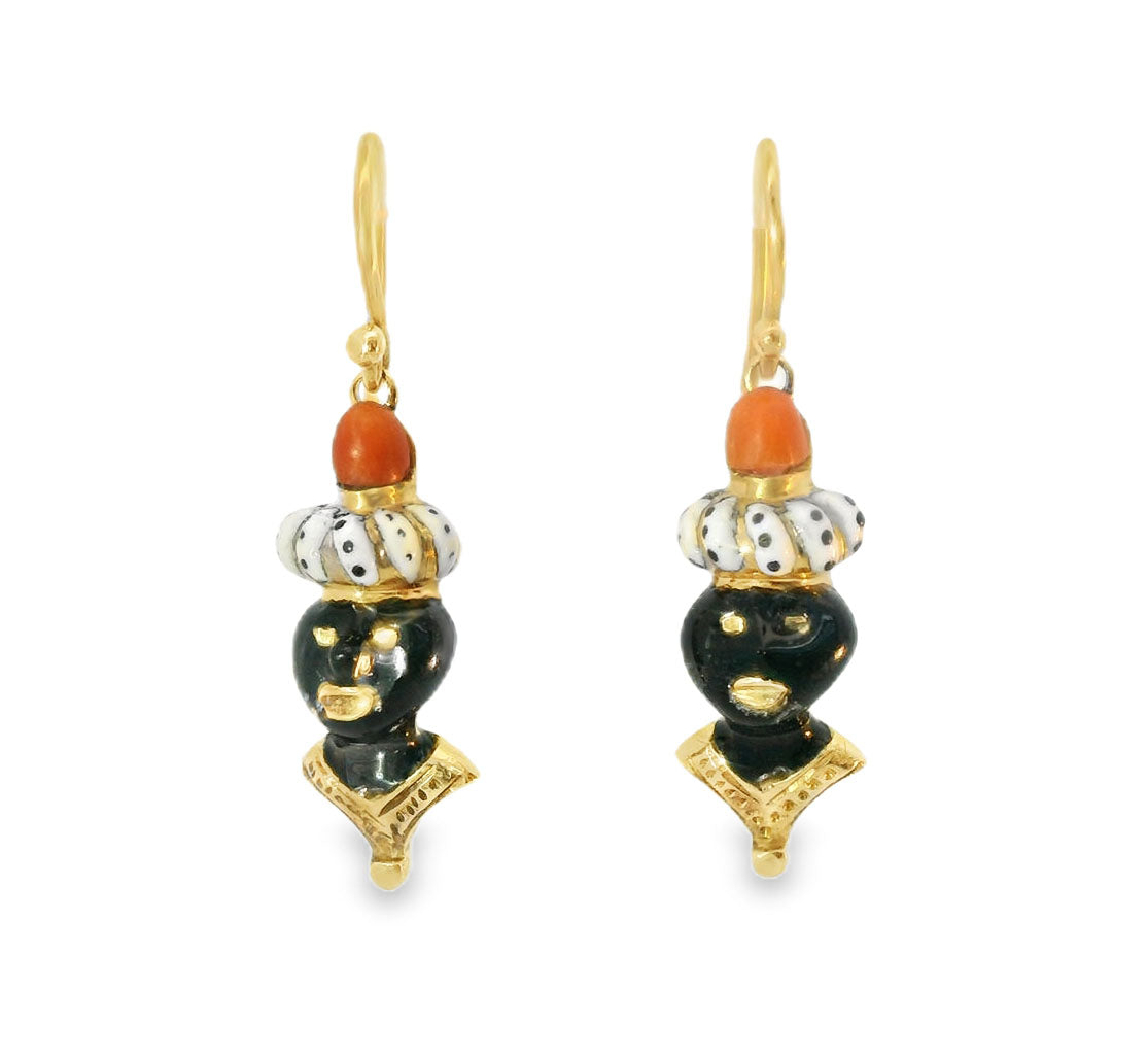 18K Gold Enamel Coral Black Amour Americana Earrings