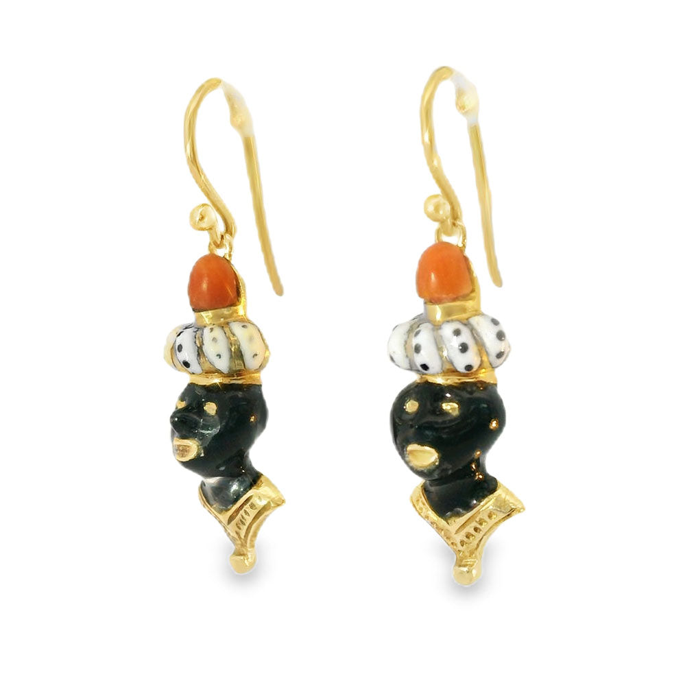 18K Gold Enamel Coral Black Amour Americana Earrings