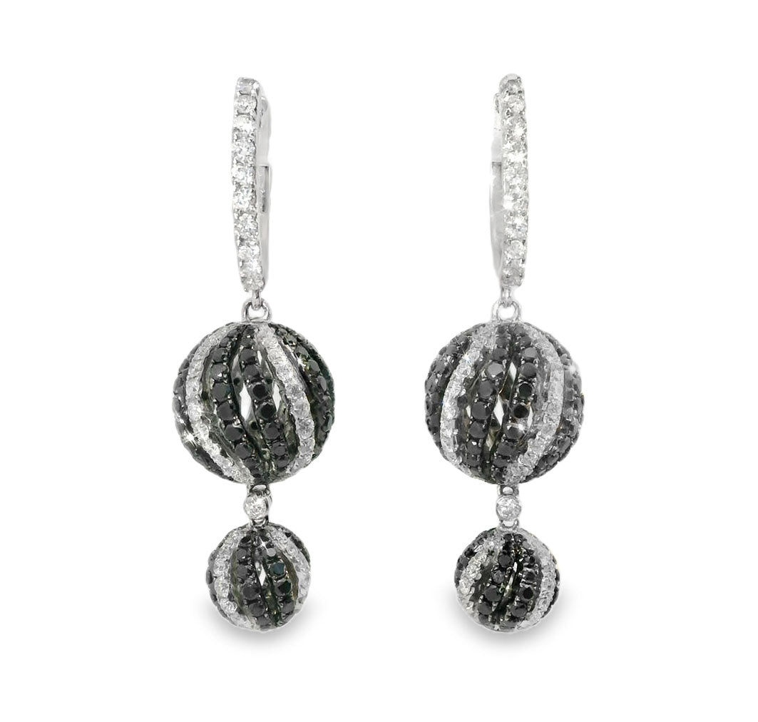 18K White Gold Black Diamond Hoop Drop Sphere Ball Earrings