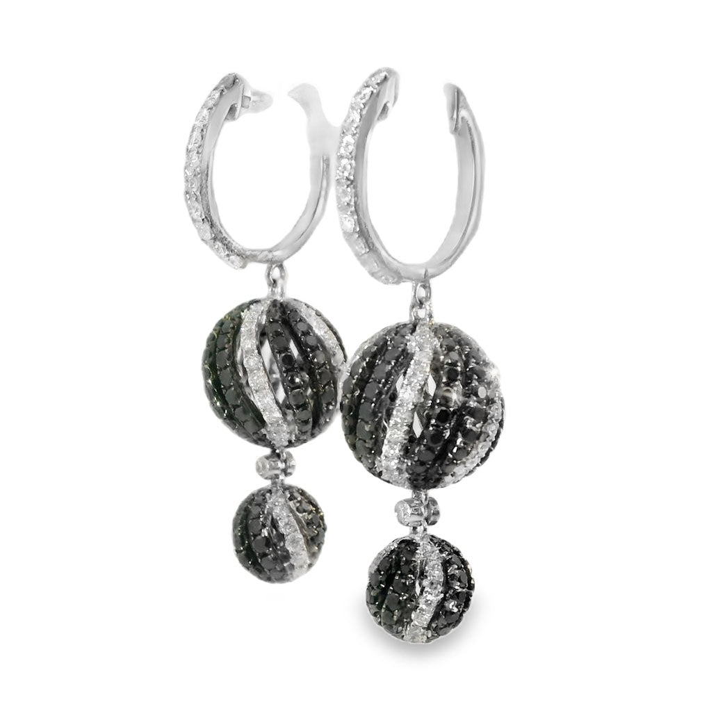 18K White Gold Black Diamond Hoop Drop Sphere Ball Earrings