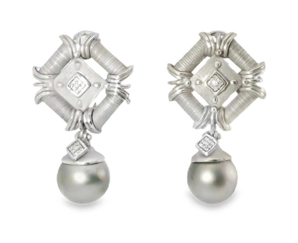 Etruscan 18K White Gold Diamond Huge Tahitian Pearl Drop Earrings