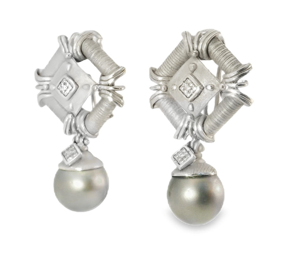 Etruscan 18K White Gold Diamond Huge Tahitian Pearl Drop Earrings