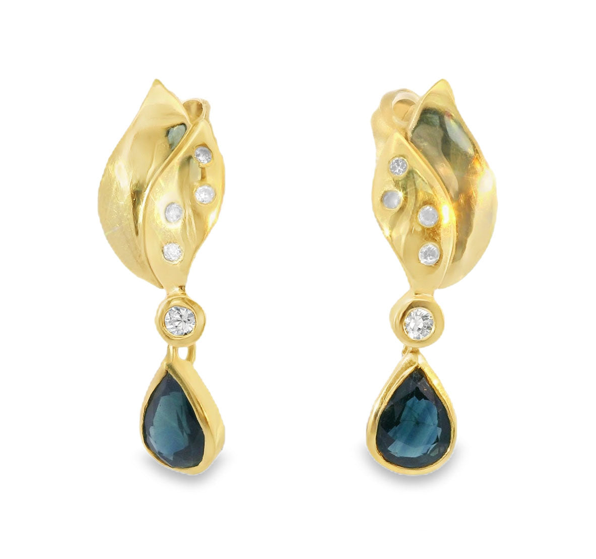 Gorgeous Estate 14K Yellow Gold Diamond Sapphire Tear Drop Pear Dangle Earrings