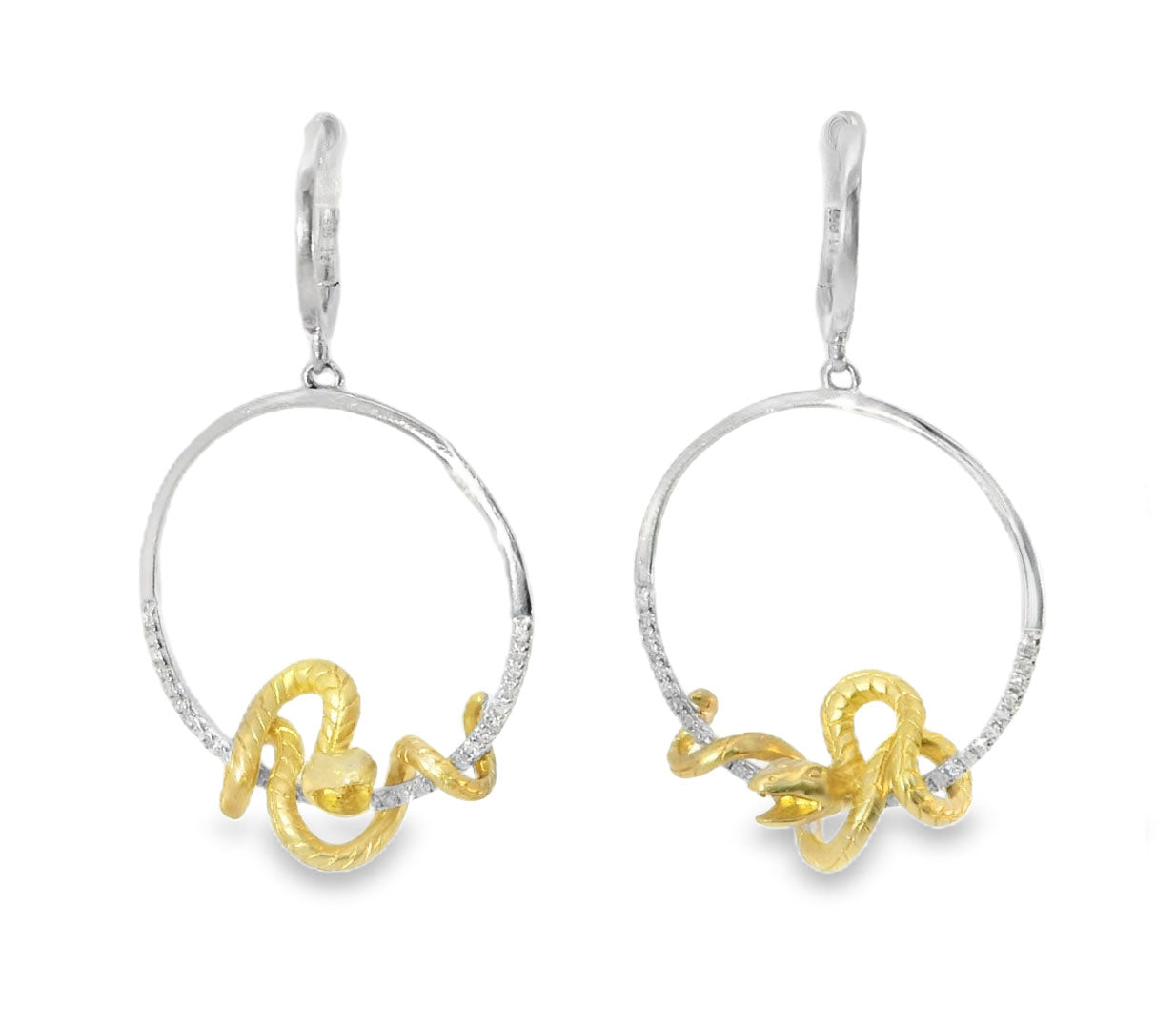 Stunning 14K 2-Tone Two-Tone Gold Diamond Snake Animal Loop Earrings