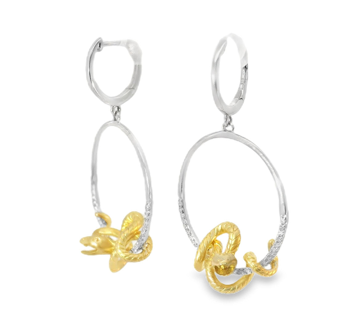 Stunning 14K 2-Tone Two-Tone Gold Diamond Snake Animal Loop Earrings