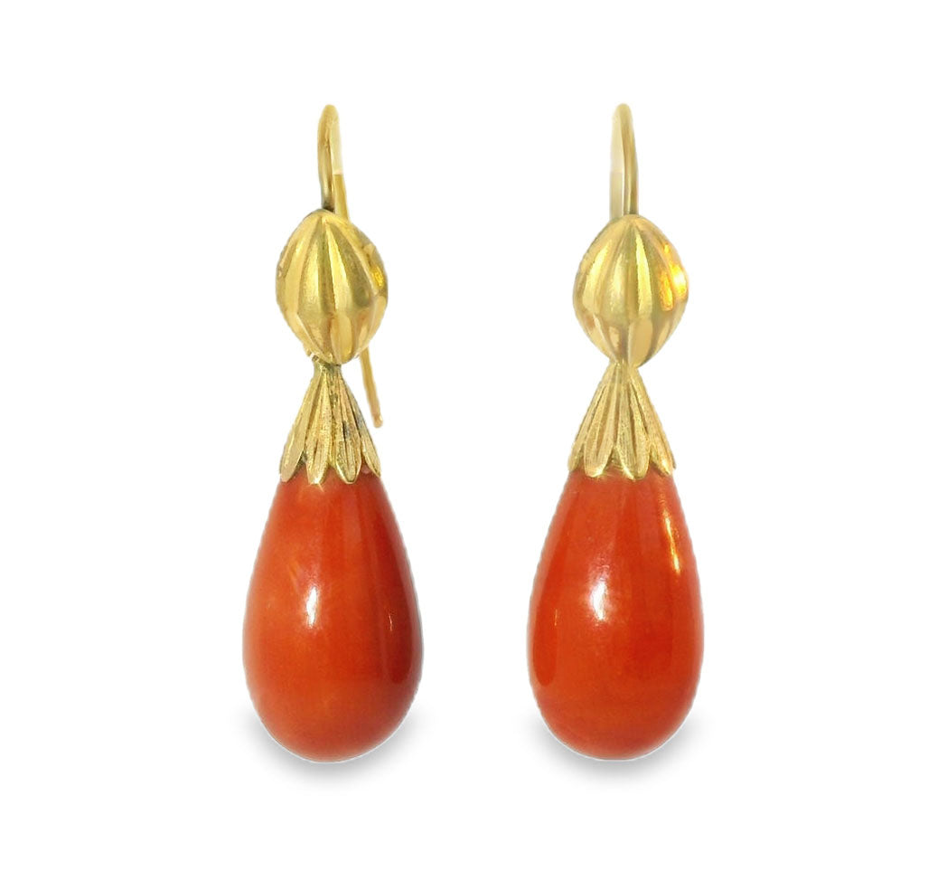 Antique Estate 18K Gold Carved Cameo Red Coral Undyed Drop Dangle Earrings