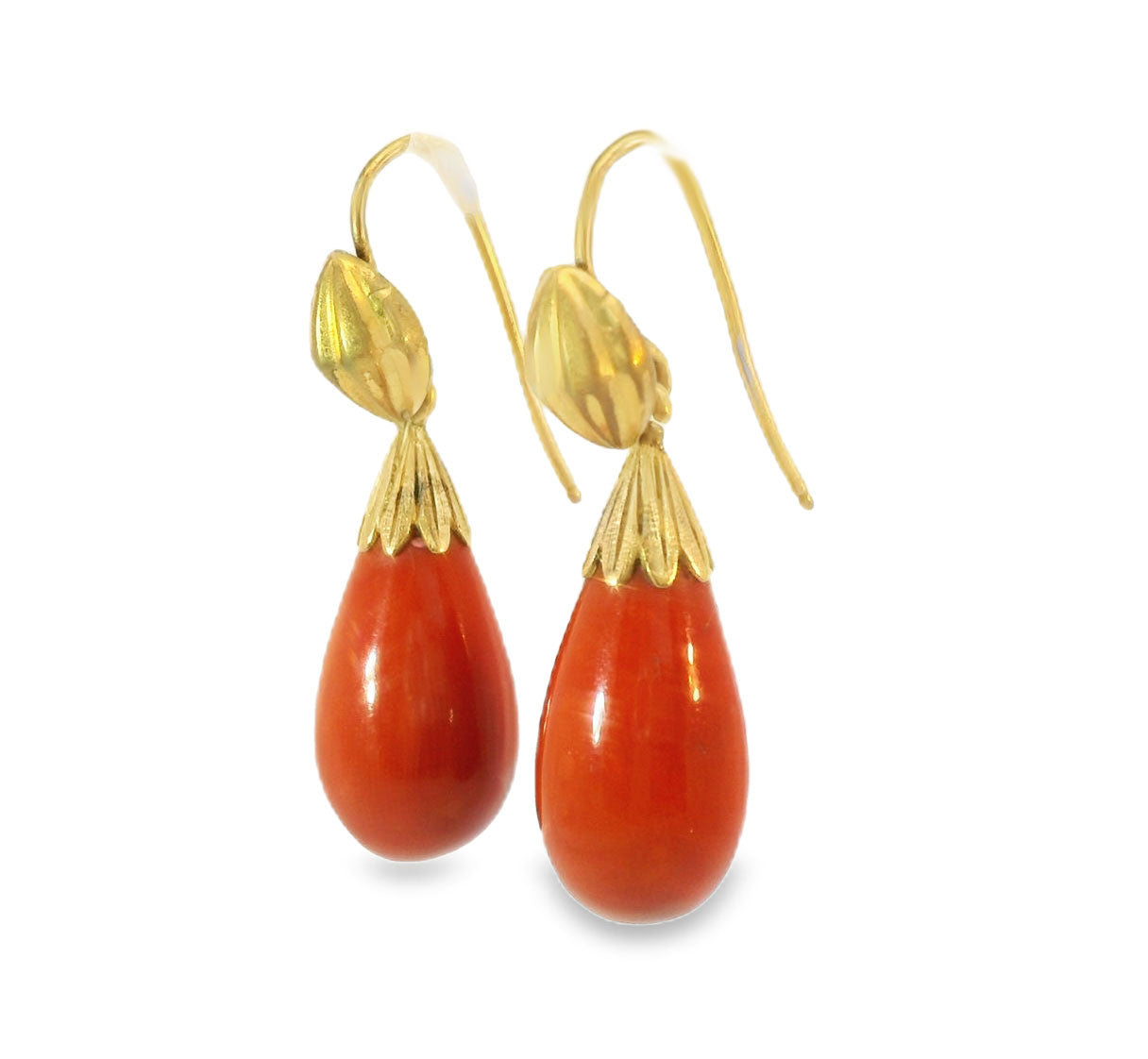 Antique Estate 18K Gold Carved Cameo Red Coral Undyed Drop Dangle Earrings