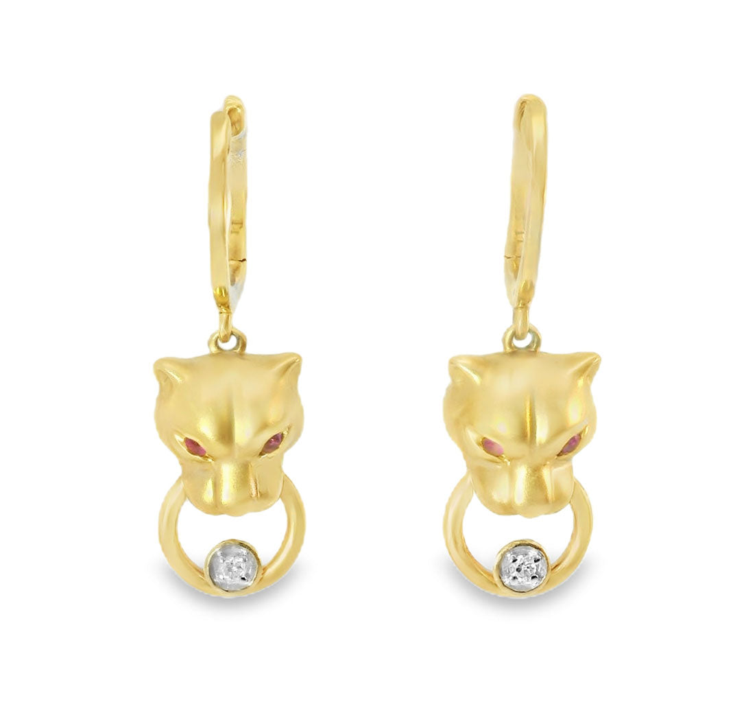 Stunning 14K Yellow Gold Diamond Ruby Animal Tiger Hanging Earrings