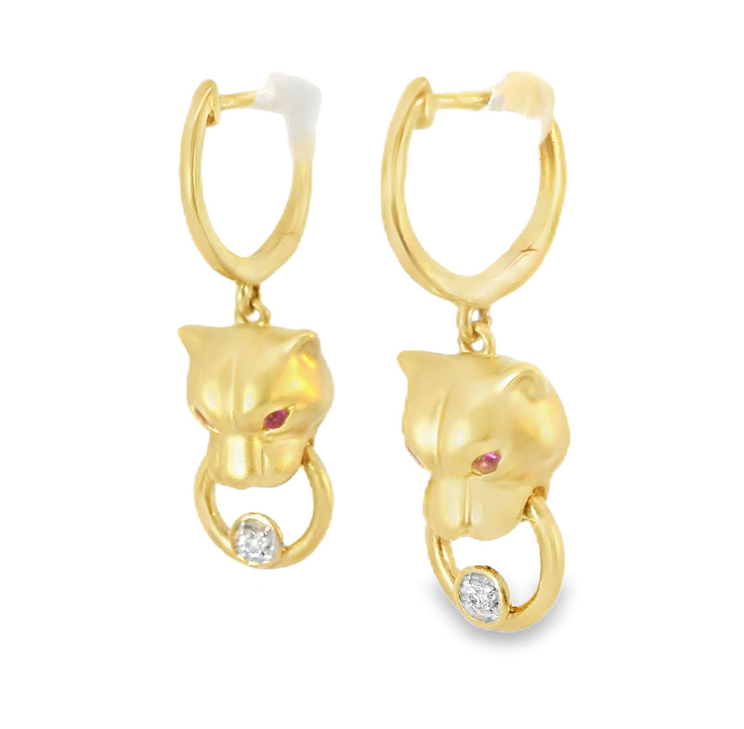Stunning 14K Yellow Gold Diamond Ruby Animal Tiger Hanging Earrings