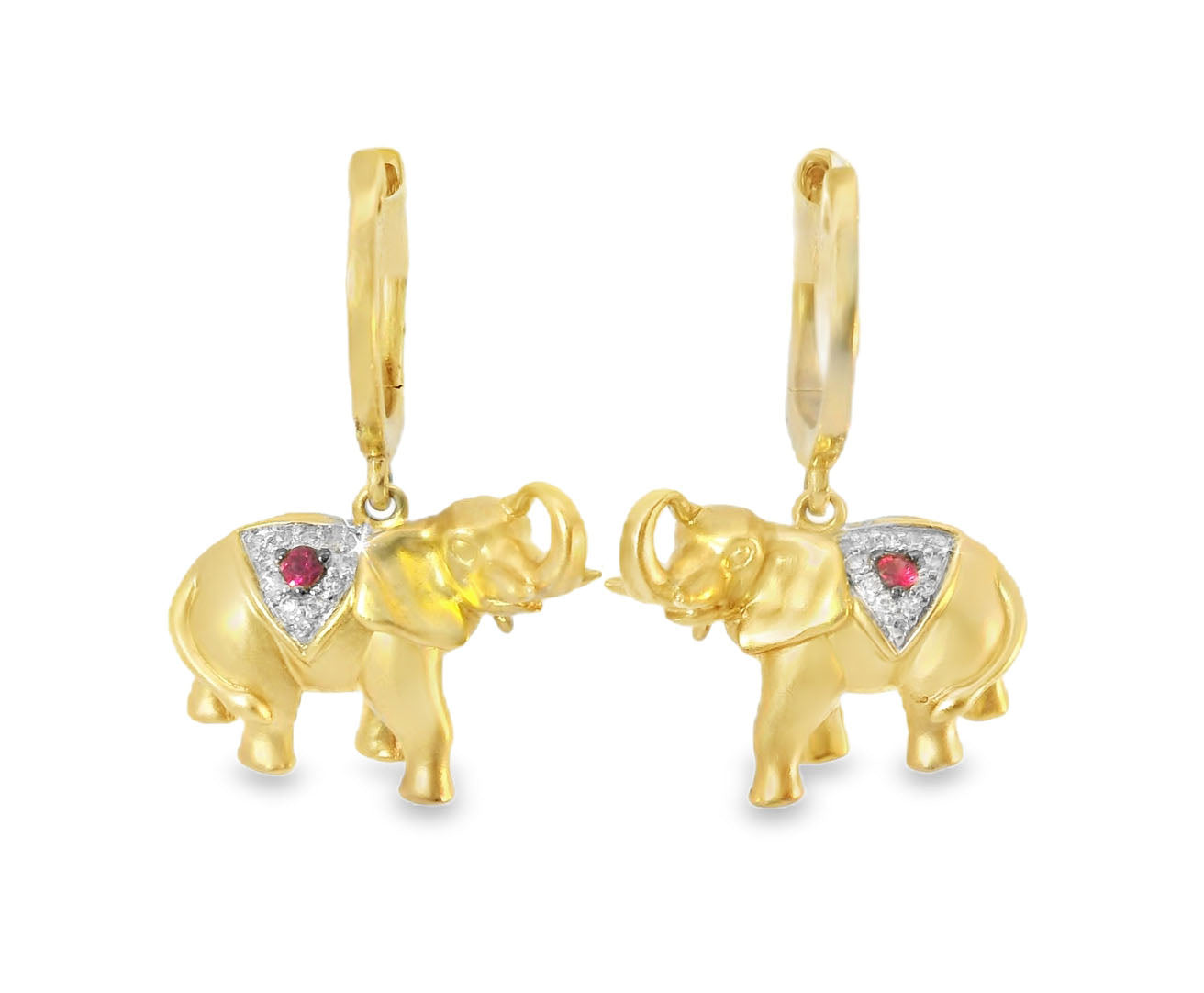 Stunning 14K Yellow Gold Diamond Animal Elephant Drop Earrings