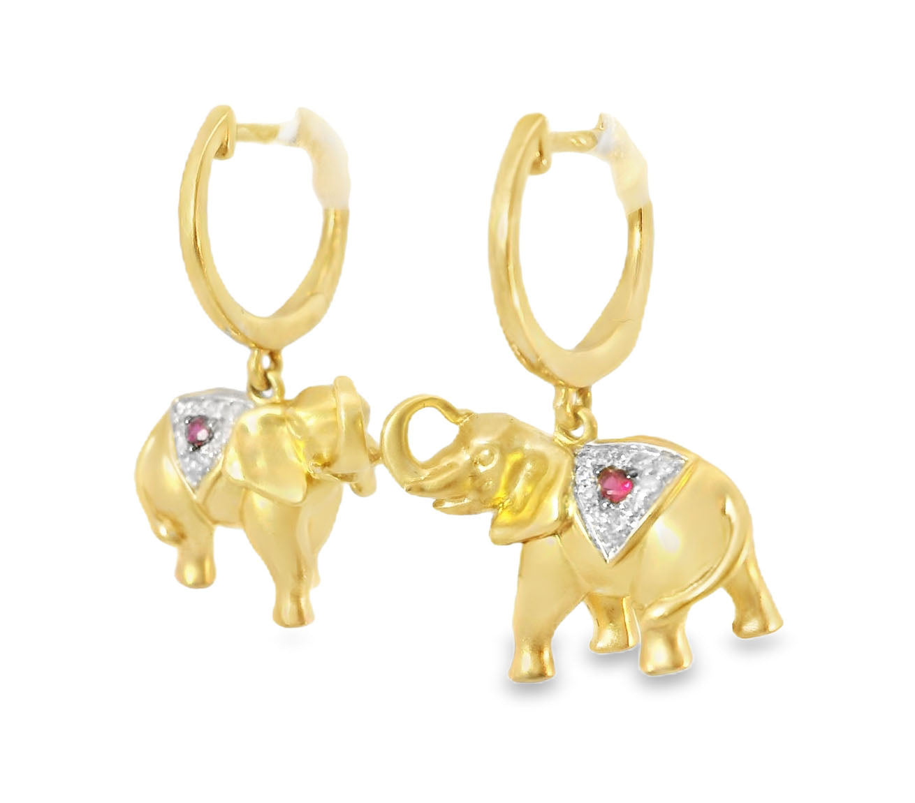 Stunning 14K Yellow Gold Diamond Animal Elephant Drop Earrings