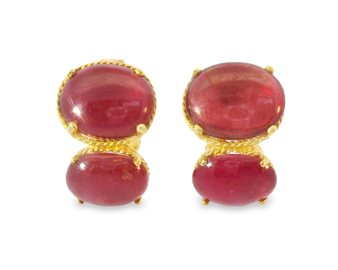 Unique 14K Yellow Gold Vermeil Silver Cabochon Ruby Rubies Designer Drop Earrings