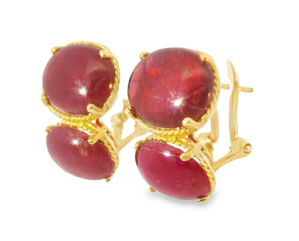 Unique 14K Yellow Gold Vermeil Silver Cabochon Ruby Rubies Designer Drop Earrings
