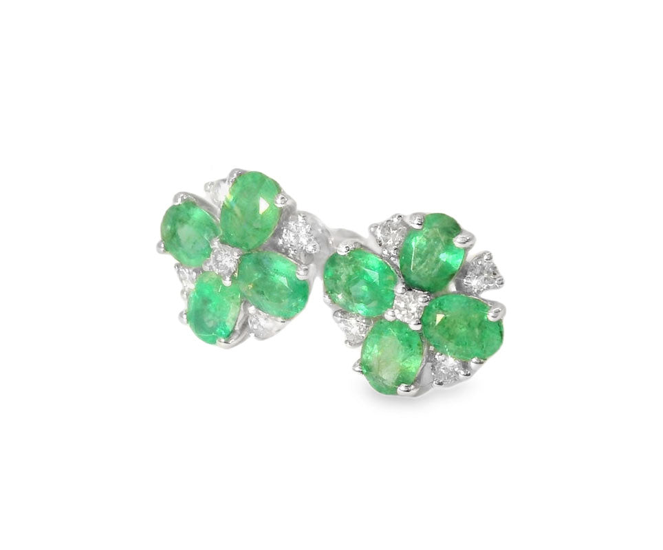 Elegant Estate 14K White Gold Emerald Diamond Flower Floral Stud Earrings