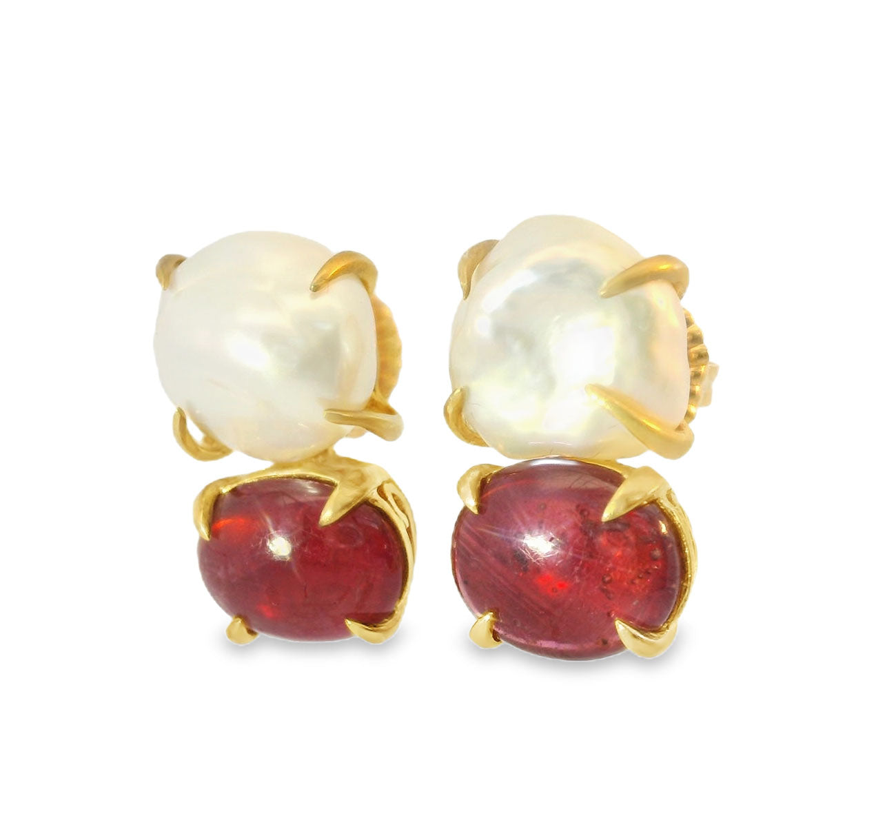 14K Yellow Gold Vermeil Silver Cabochon Ruby Baroque Pearl Designer Drop Earrings