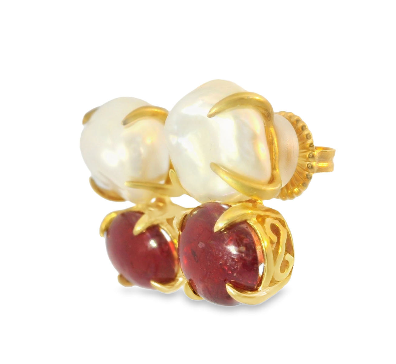 14K Yellow Gold Vermeil Silver Cabochon Ruby Baroque Pearl Designer Drop Earrings
