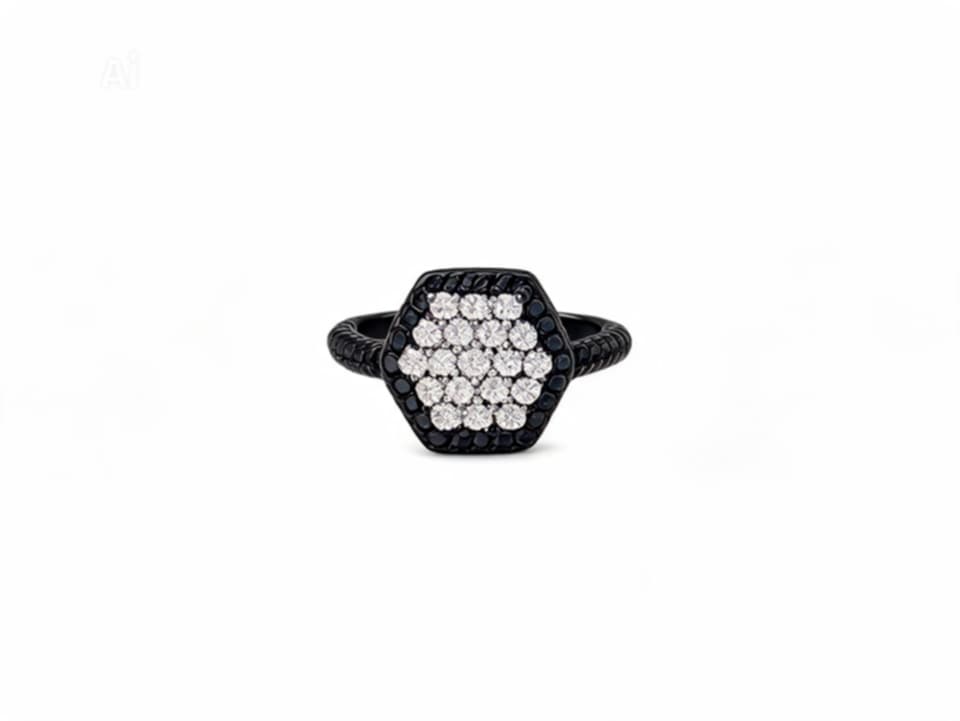 18K White Gold Black Diamond Hexagon Band Ring