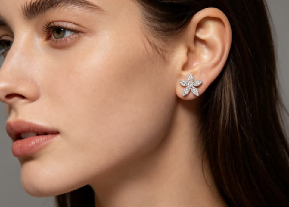 14K White Gold Diamond Floral Stud Earrings