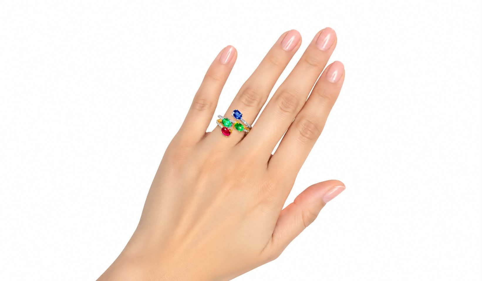 18K Gold Diamond Ruby Emerald Sapphire Duo Bypass Ring Estate