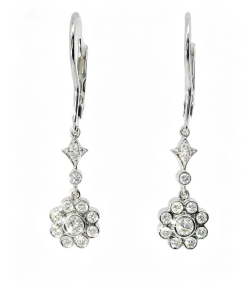 14K White Gold Floral Diamond Drop Earrings Estate