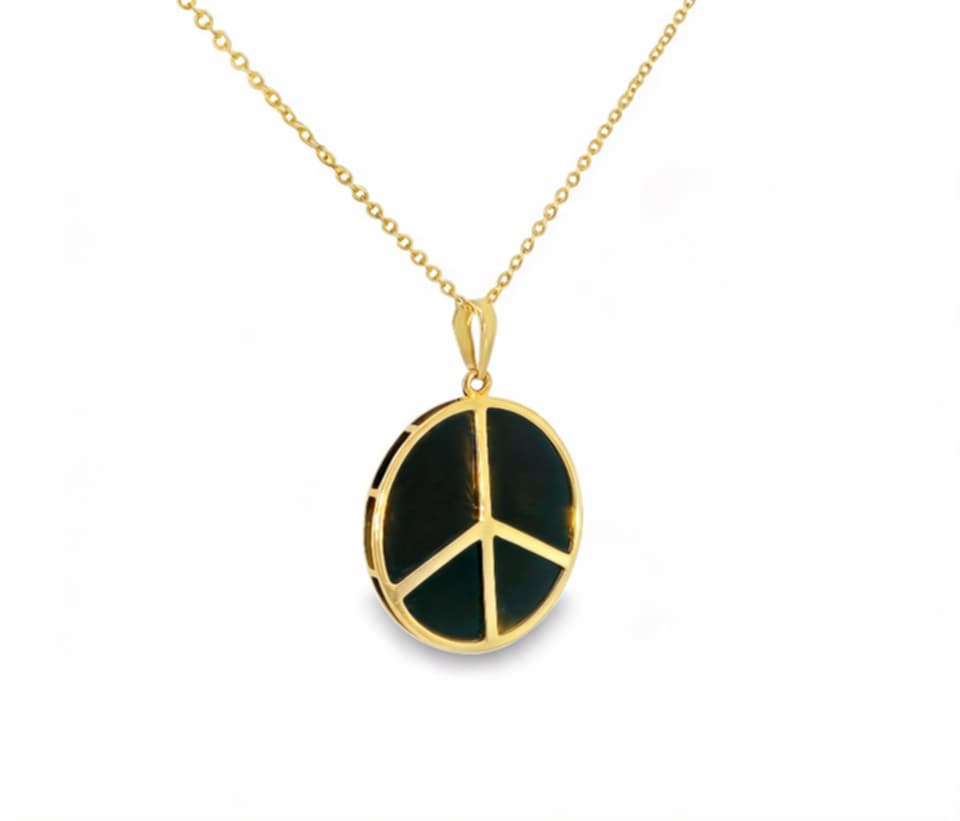 14K Yellow Gold Black Onyx Peace Sign Pendant Slide Modern Estate