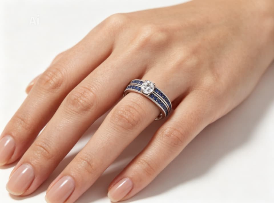 14K White Gold Sapphire and Diamond Engagement Ring Set