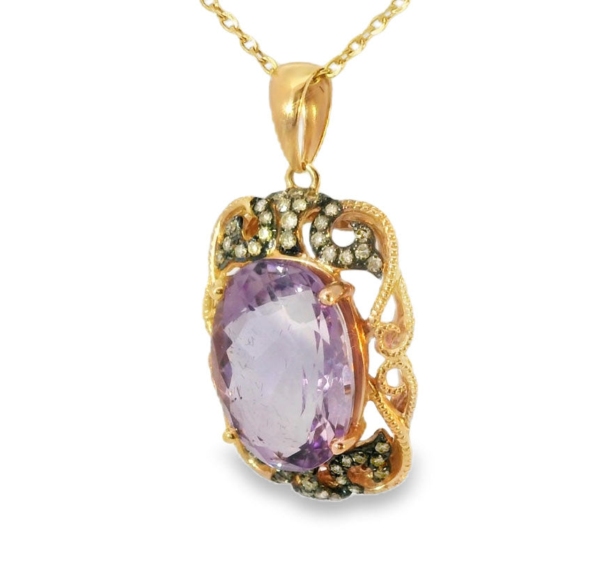 Gorgeous 14K Pink Rose Gold Diamond Amethyst Filigree Pendant - GGEMSonline