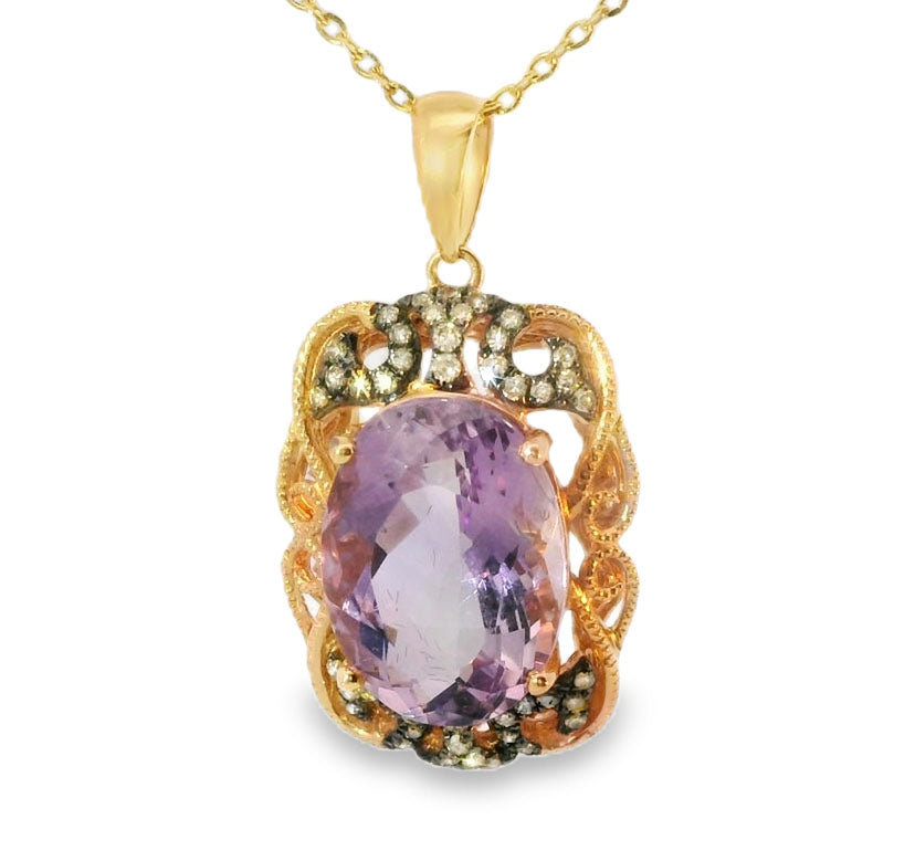 Gorgeous 14K Pink Rose Gold Diamond Amethyst Filigree Pendant - GGEMSonline