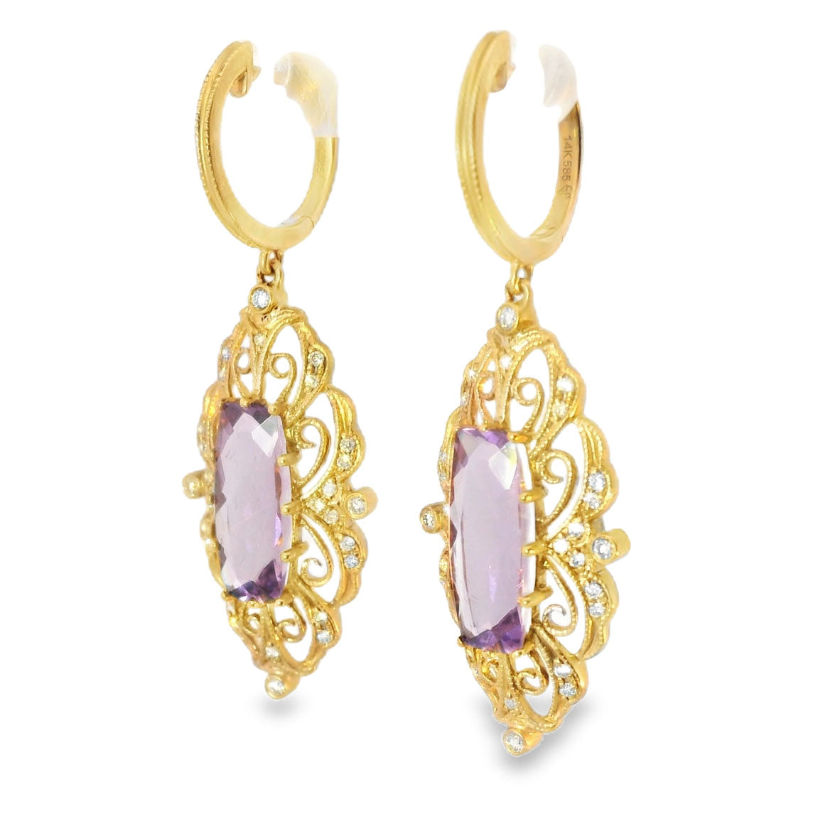 Art Deco 14K Pink Rose Gold Diamond Amethyst Drop Dangle Earring - GGEMSonline