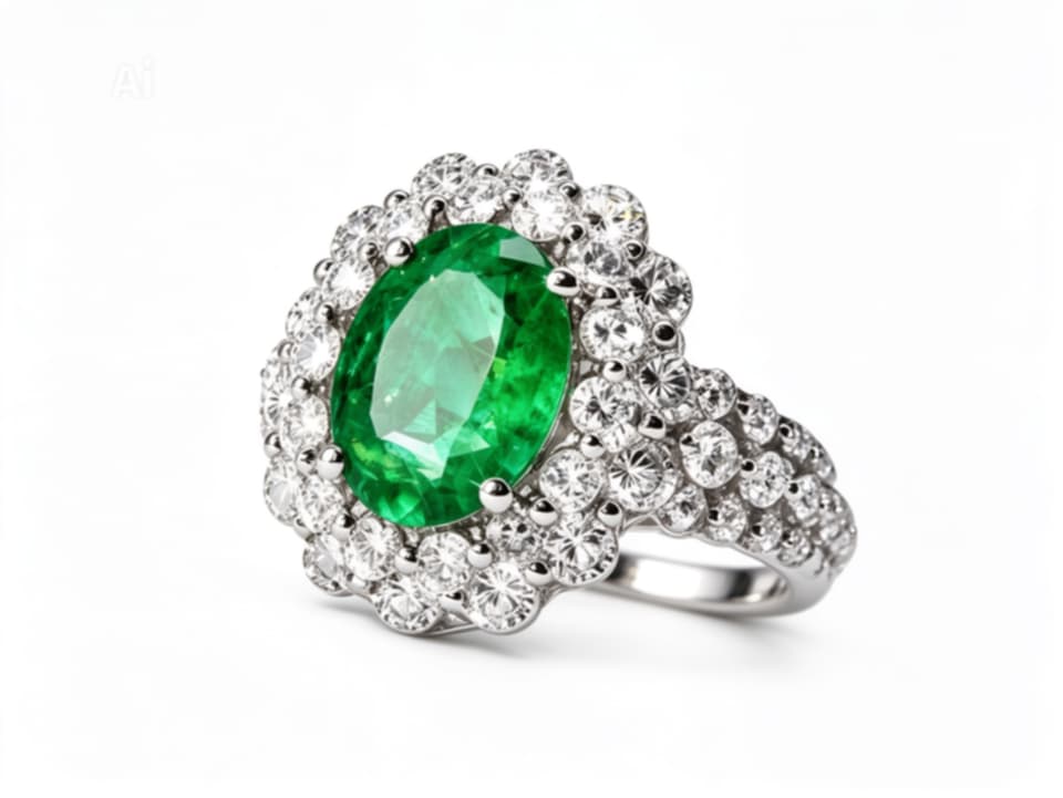 18K White Gold Solitaire Emerald Diamond Engagement Ring Estate