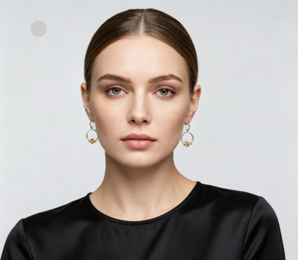 14K Two Tone Gold Diamond Snake Animal Loop Earrings Estate