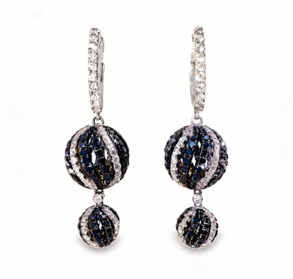 18K White Gold Black Diamond Hoop Drop Sphere Ball Earrings Estate
