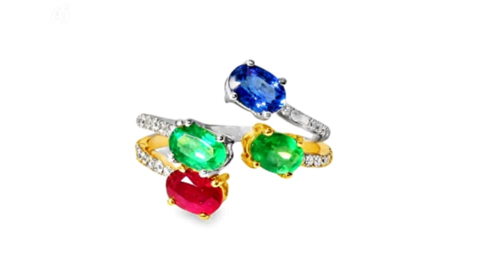 18K Gold Diamond Ruby Emerald Sapphire Duo Bypass Ring Estate