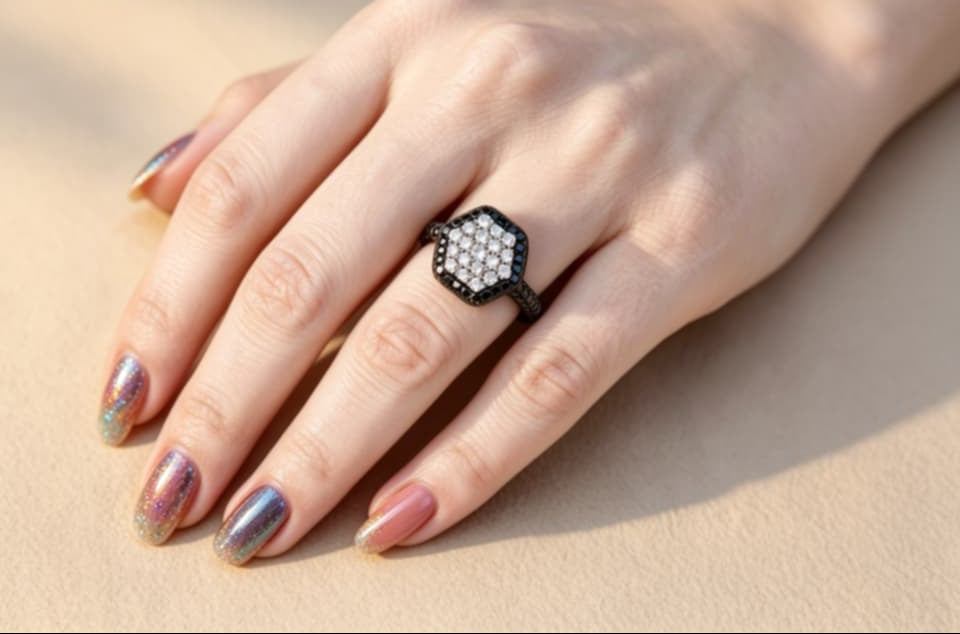 18K White Gold Black Diamond Hexagon Band Ring