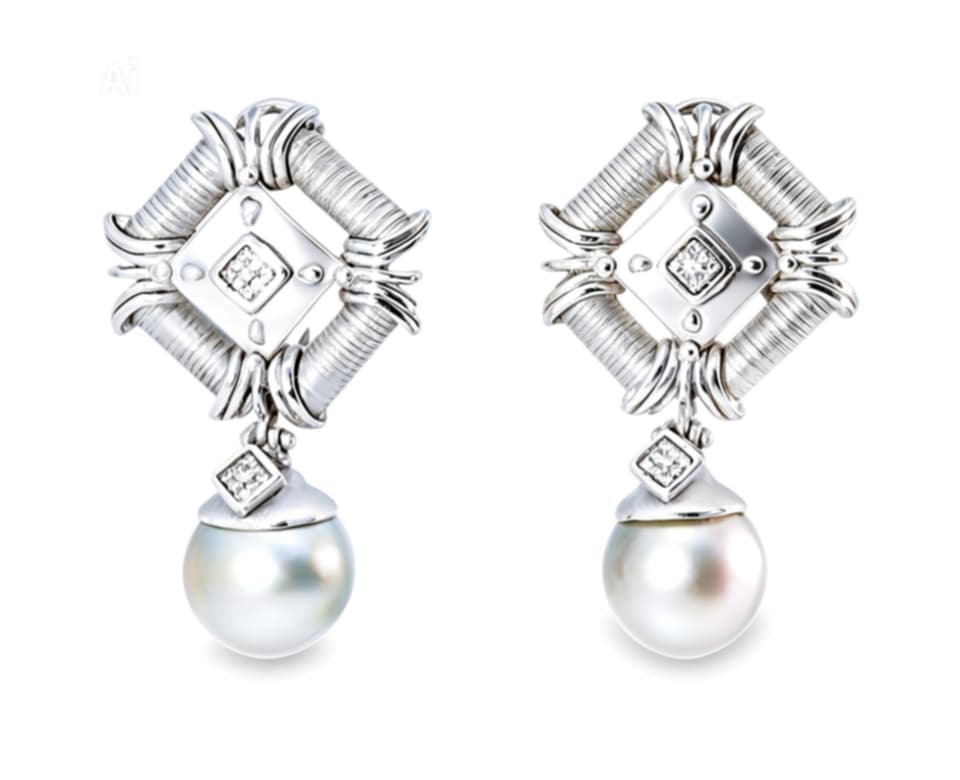 18K White Gold Diamond and Tahitian Pearl Crown Drop Earrings