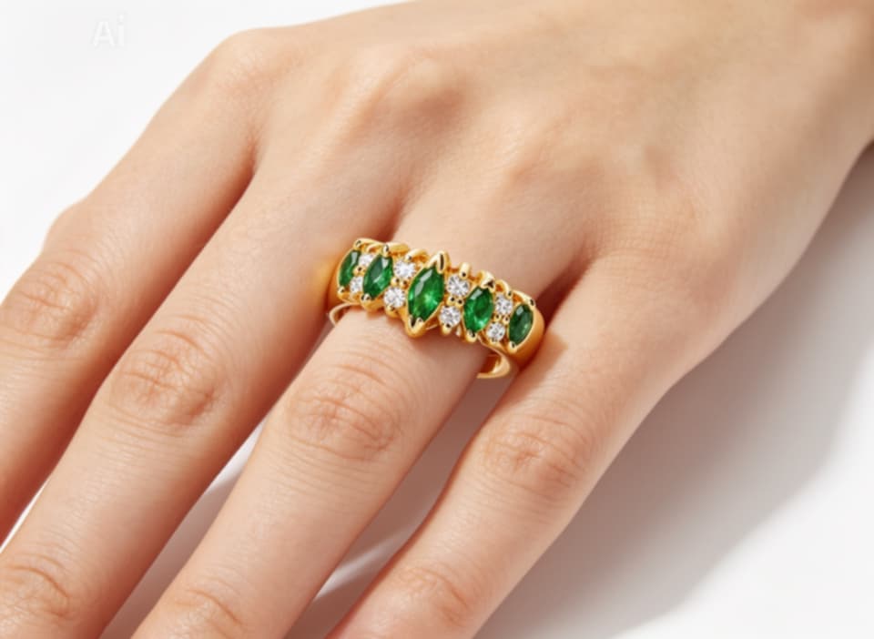 14K Yellow Gold Marquise Emerald Diamond Ring Estate by EFFY