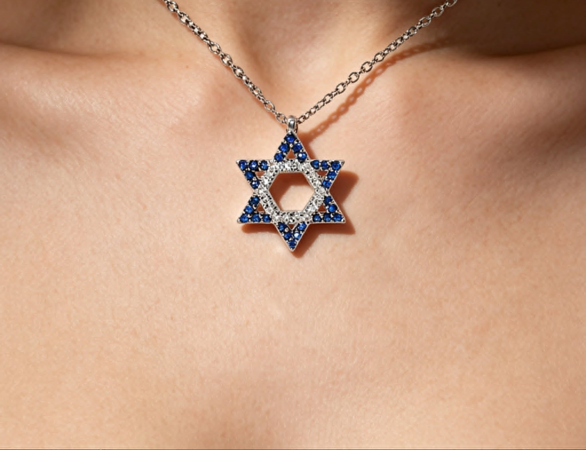 14K White Gold Sapphire Diamond Star of David Pendant Necklace Estate by EFFY