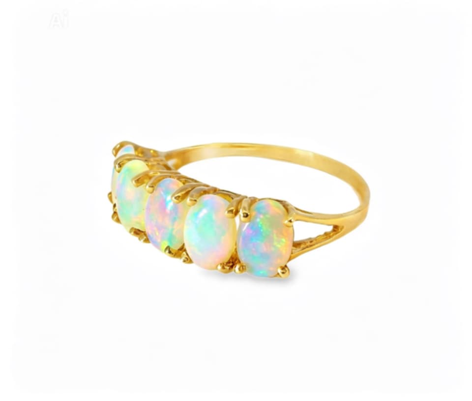 14K Yellow Gold Natural Opal Five Stone Band Ring