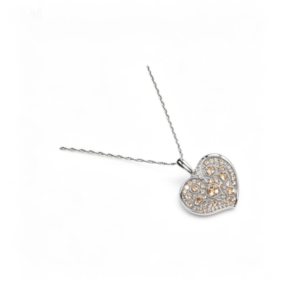 14K White Gold Champagne Diamond Heart Pendant Necklace Estate