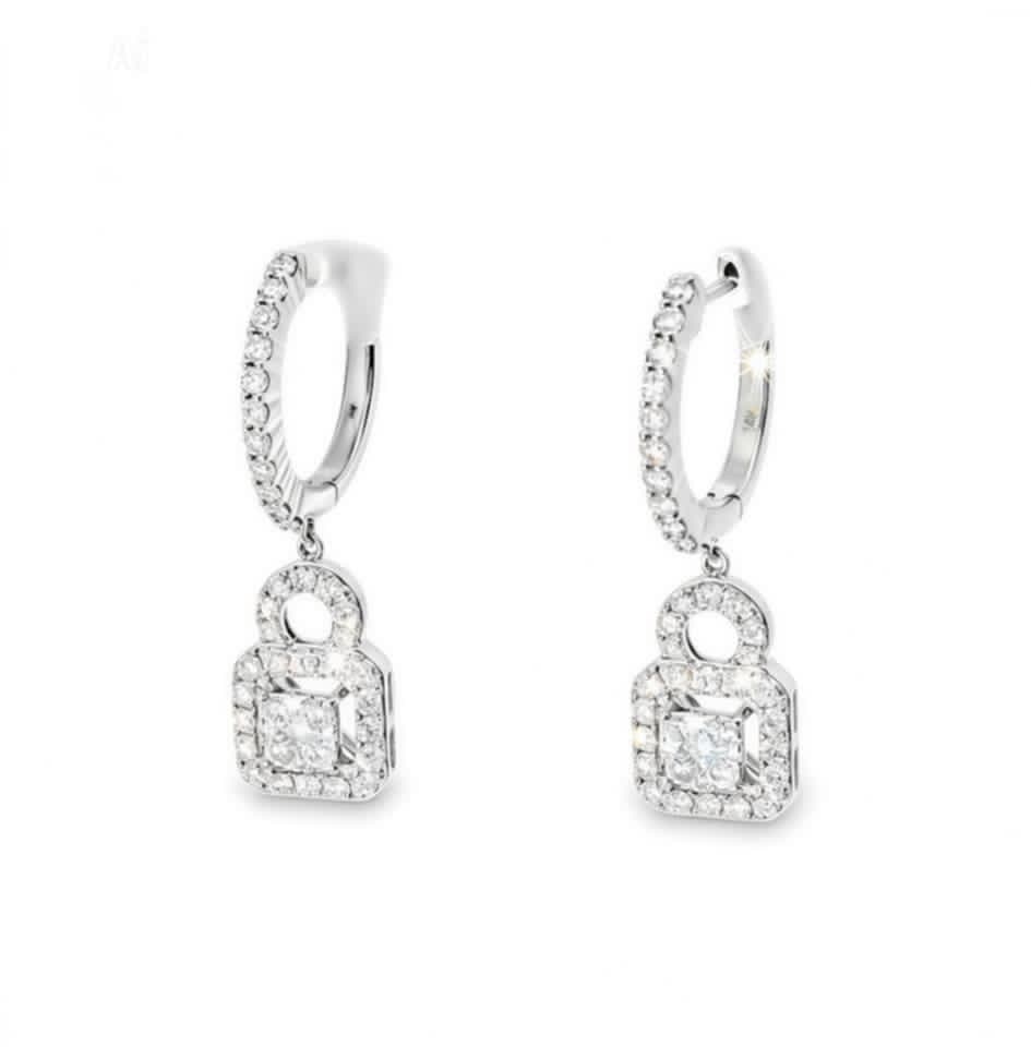 14K White Gold Diamond Drop Hoop Earrings Estate