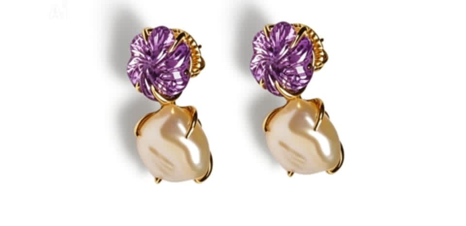 14K Gold Amethyst Baroque Pearl Earrings Estate