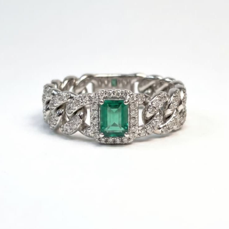 18K White Gold Diamond Emerald Cuban Chain Link Band Ring