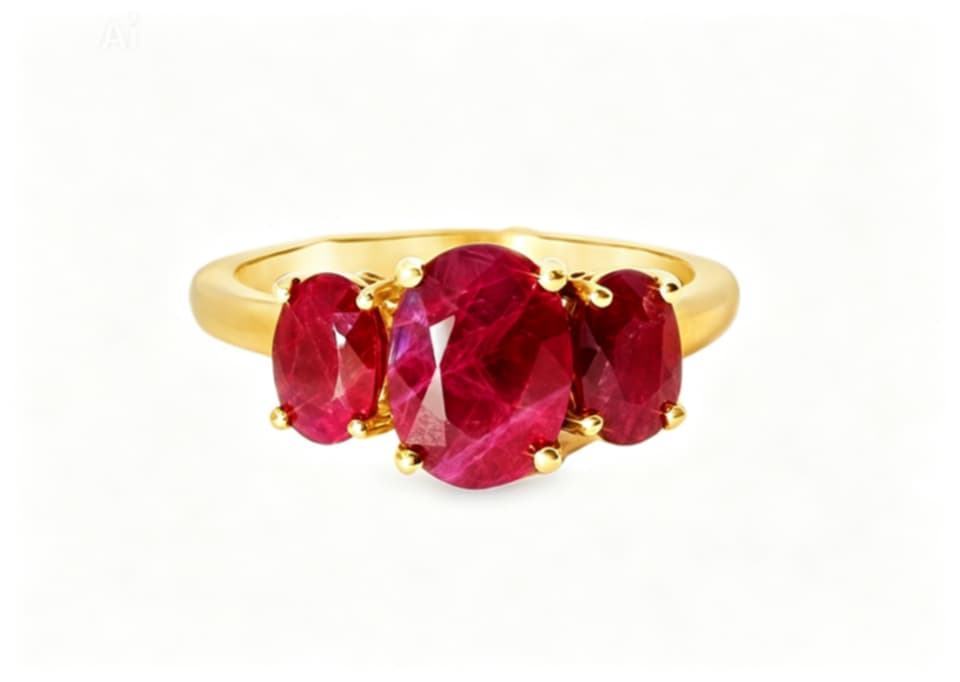 14K Yellow Gold Burma Ruby Filigree Three Stone Ring