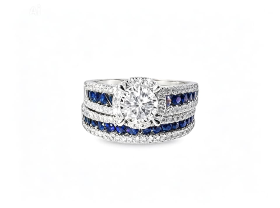 14K White Gold Sapphire and Diamond Engagement Ring Set