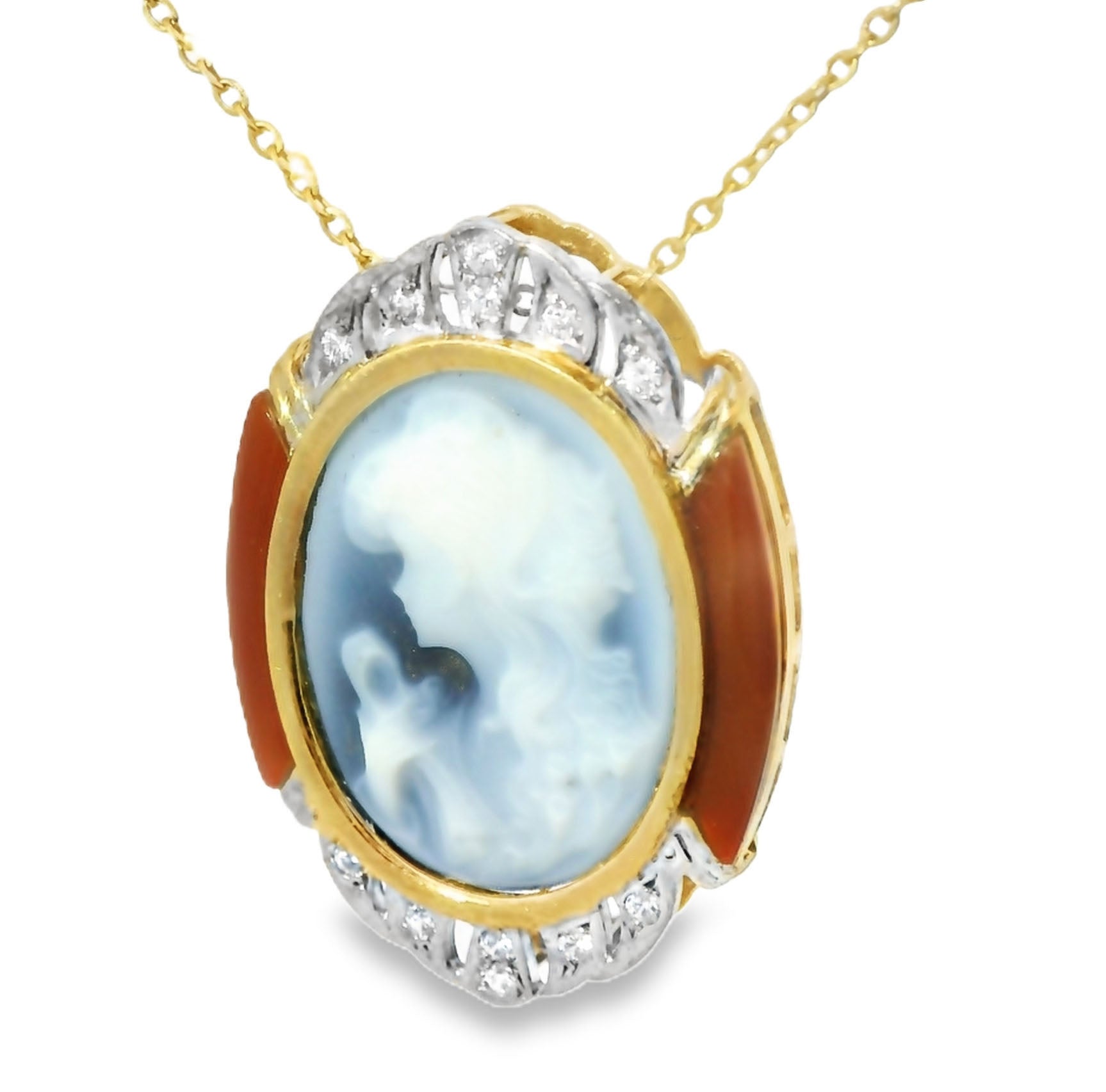Marvelous Estate 18K Yellow Gold Blue Agate Carnelian Diamond Cameo Pendant - GGEMSonline
